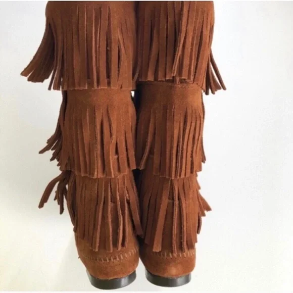 Minnetonka 3-Layer Fringe Suede Boots Sz 8 - Picture 4 of 6